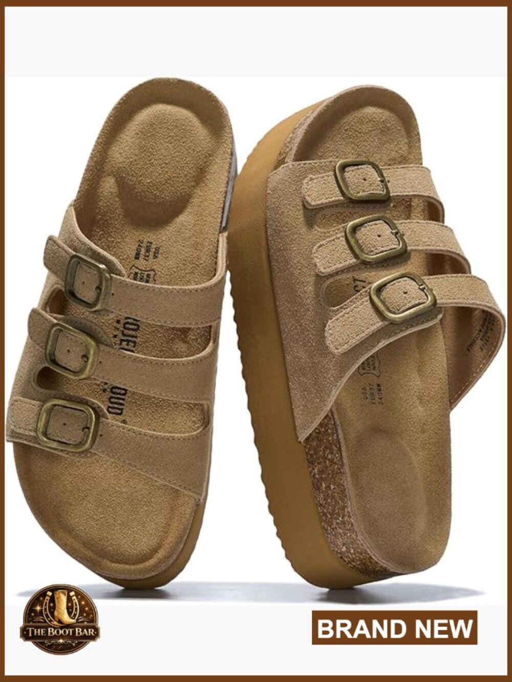 Genuine Leather Platform Sandals - Wedge Slides Memory Foam Non-Slip 3-Strap